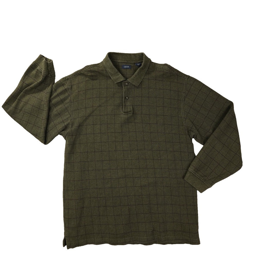 Izod Vintage Polo Shirt Mens Large Brown Houndstooth Check 90s Preppy L/S